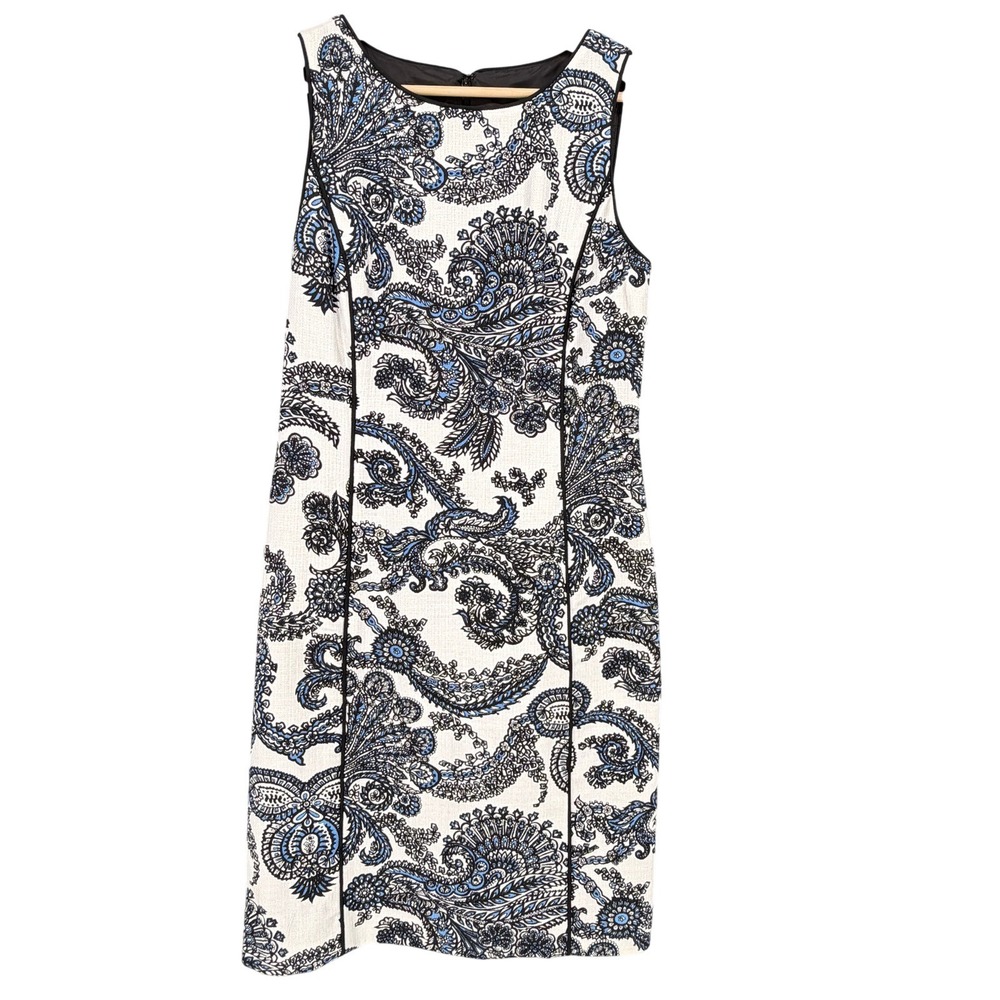 Talbots Women's Sz 4 Fresco Paisley Sheath Dress Sleeveless‎ White Blue Black EC